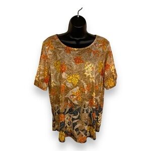 MEDIUM RUBY RD ORANGE BEIGE GOLD SHORT SLEEVE TOP GEM NECKLINE STRETCH